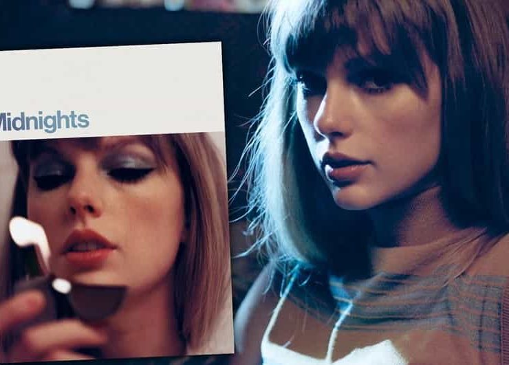 Taylor Swift stands with eyes closed, immersed in a starry night sky on the cover of her "Midnights" album.